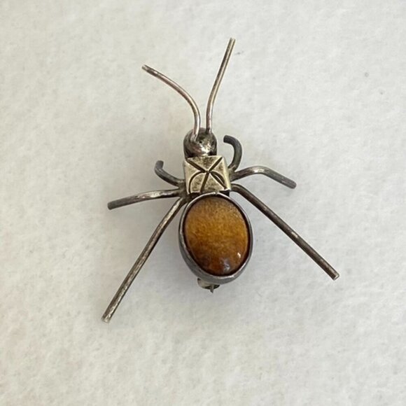Sterling Silver 925 Oval Tigers Eye Cabochon Spider Critter Dainty Bug Brooch - Picture 8 of 16